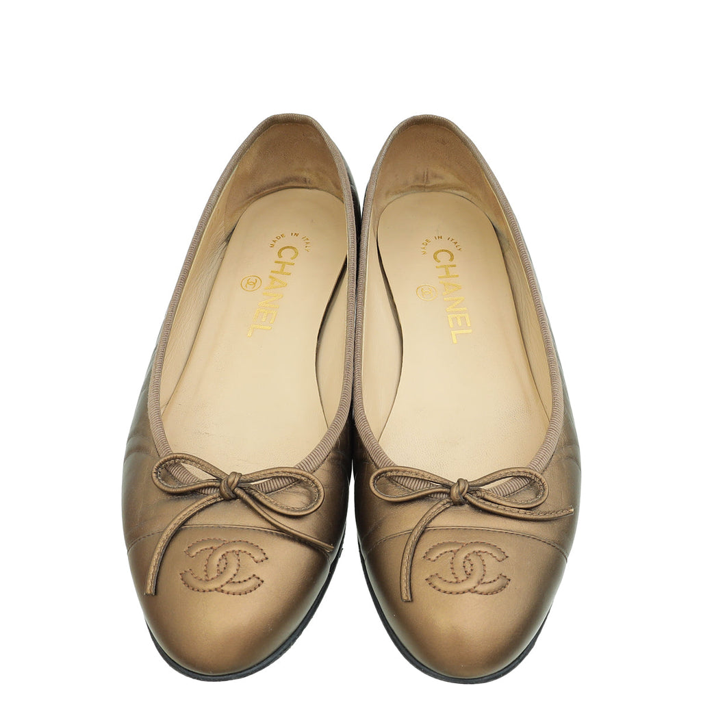 Chanel Metallic Bronze Cap Toe Ballerina Flats 38.5