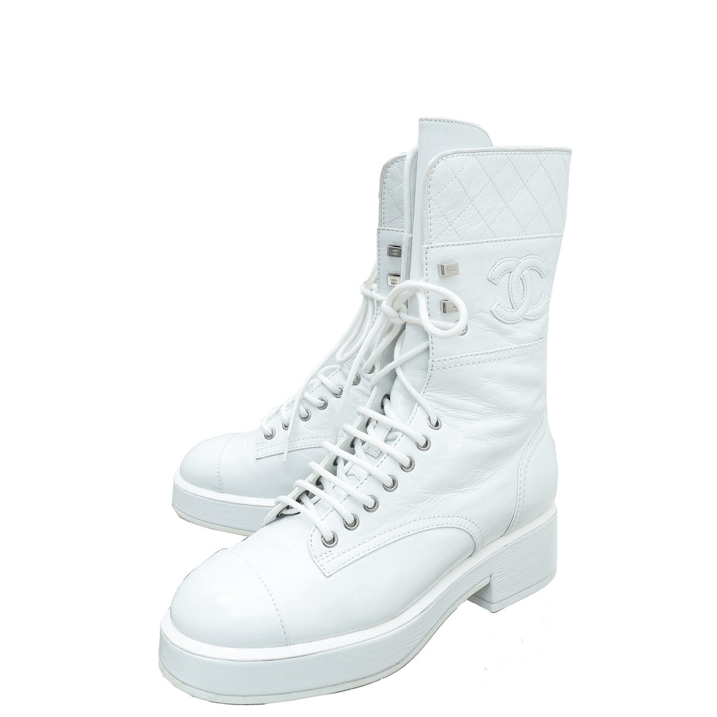 Chanel White Quilted CC Lace Up Combat Boots 38.5