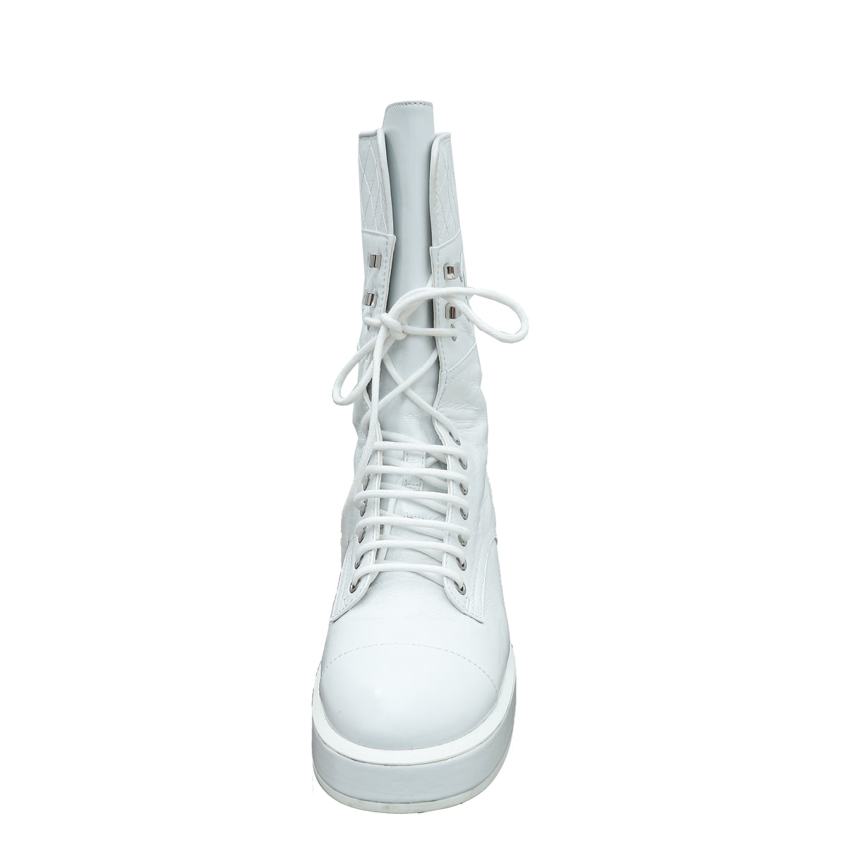 Chanel White Quilted CC Lace Up Combat Boots 38.5