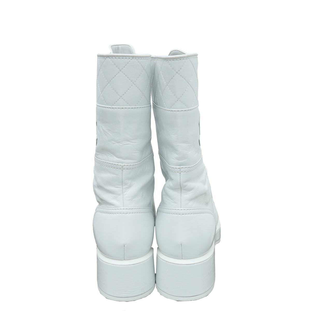 Chanel White Quilted CC Lace Up Combat Boots 38.5