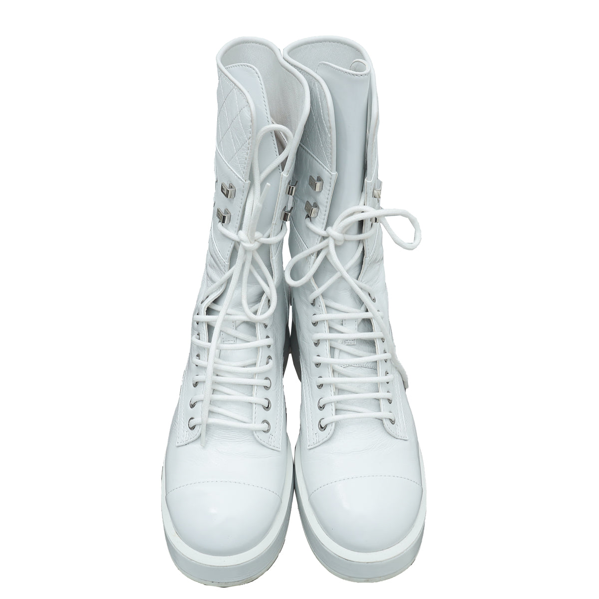 Chanel White Quilted CC Lace Up Combat Boots 38.5