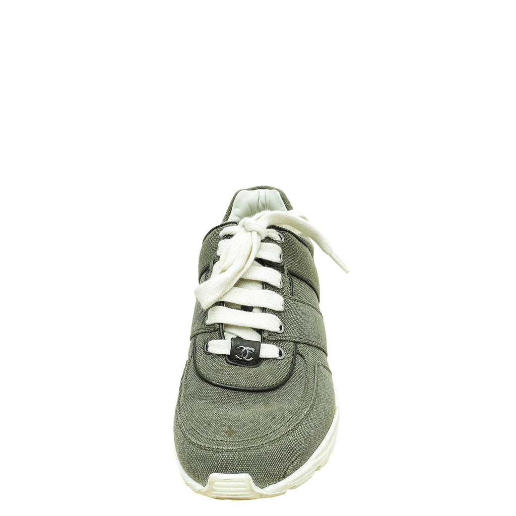 Chanel Light Military Green CC Lace Up Sneakers 38.5