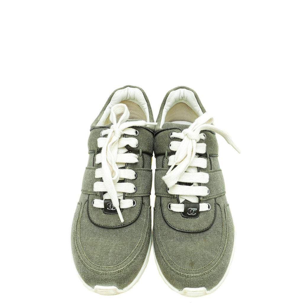 Chanel Light Military Green CC Lace Up Sneakers 38.5