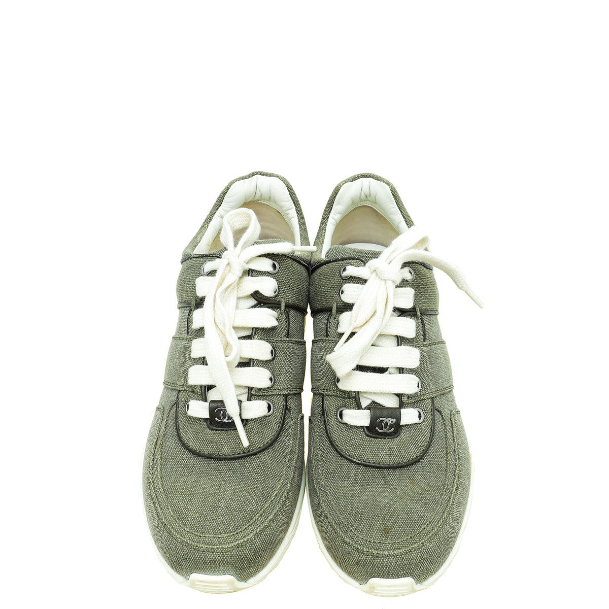 Chanel Light Military Green CC Lace Up Sneakers 38.5