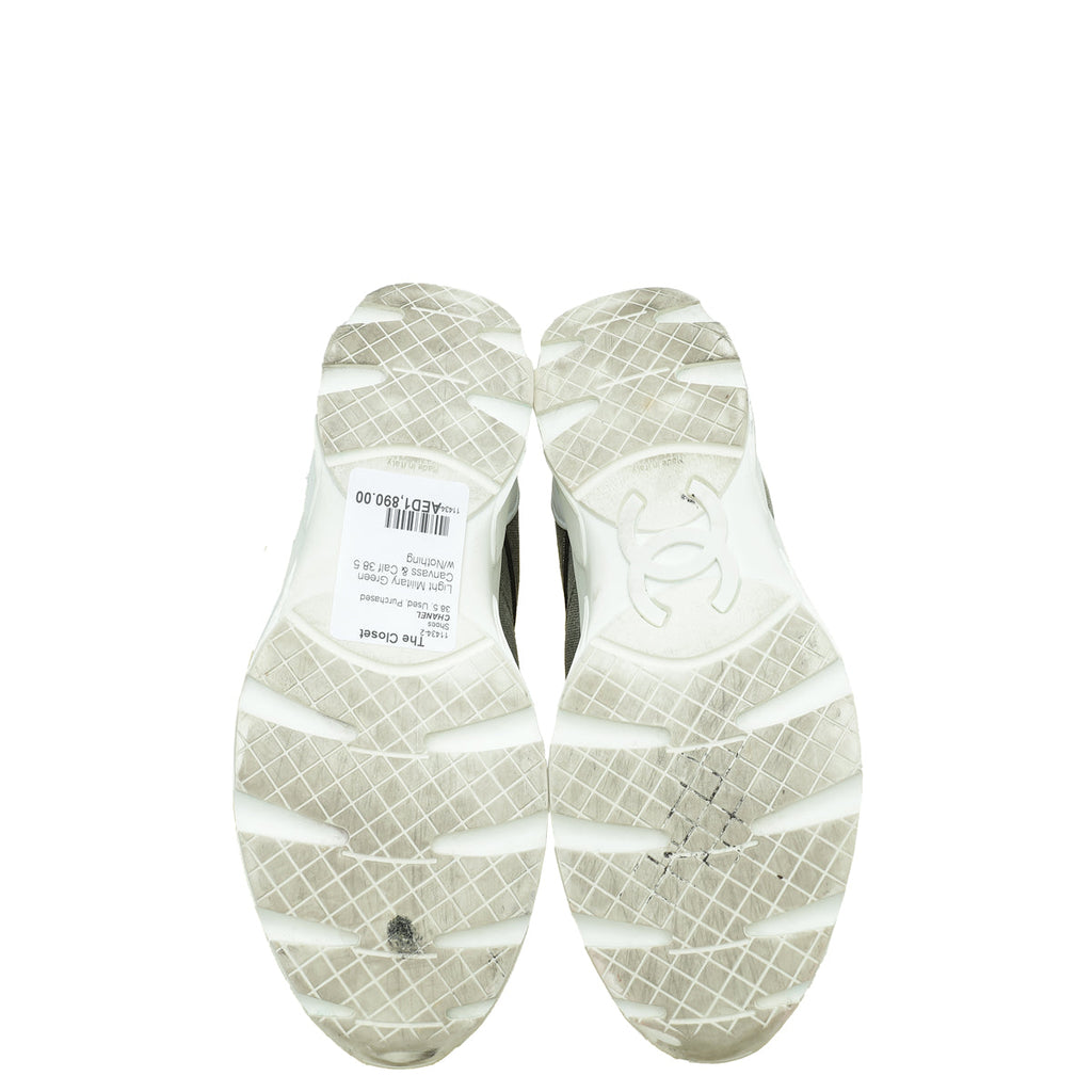 Chanel Light Military Green CC Lace Up Sneakers 38.5