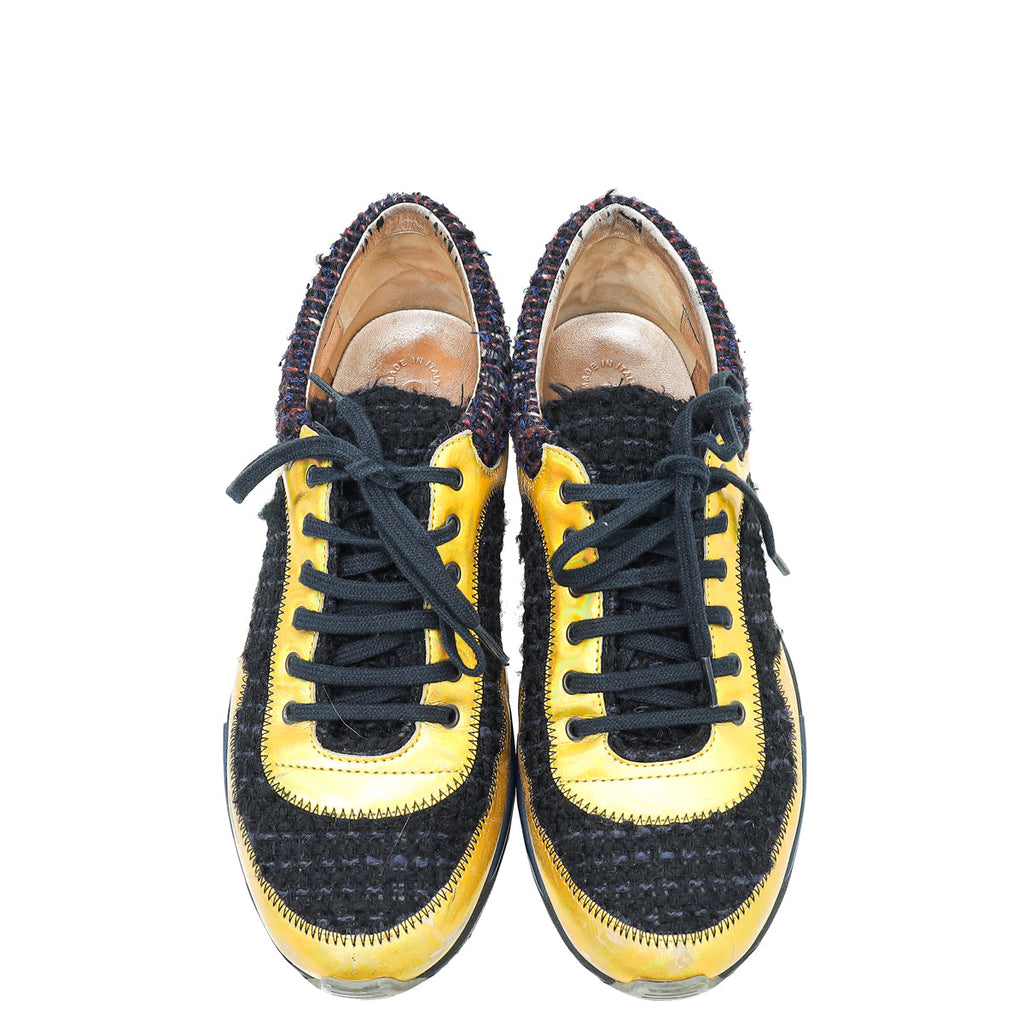 Chanel Tricolor Tweed Lace Up Sneakers 38.5