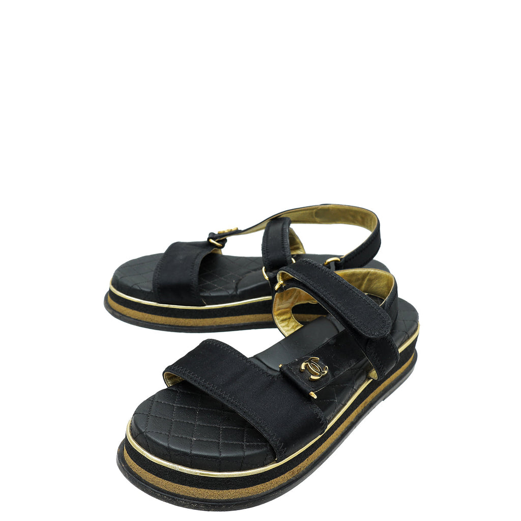 Chanel Black CC Velcro Strap Flat Sandals 38.5