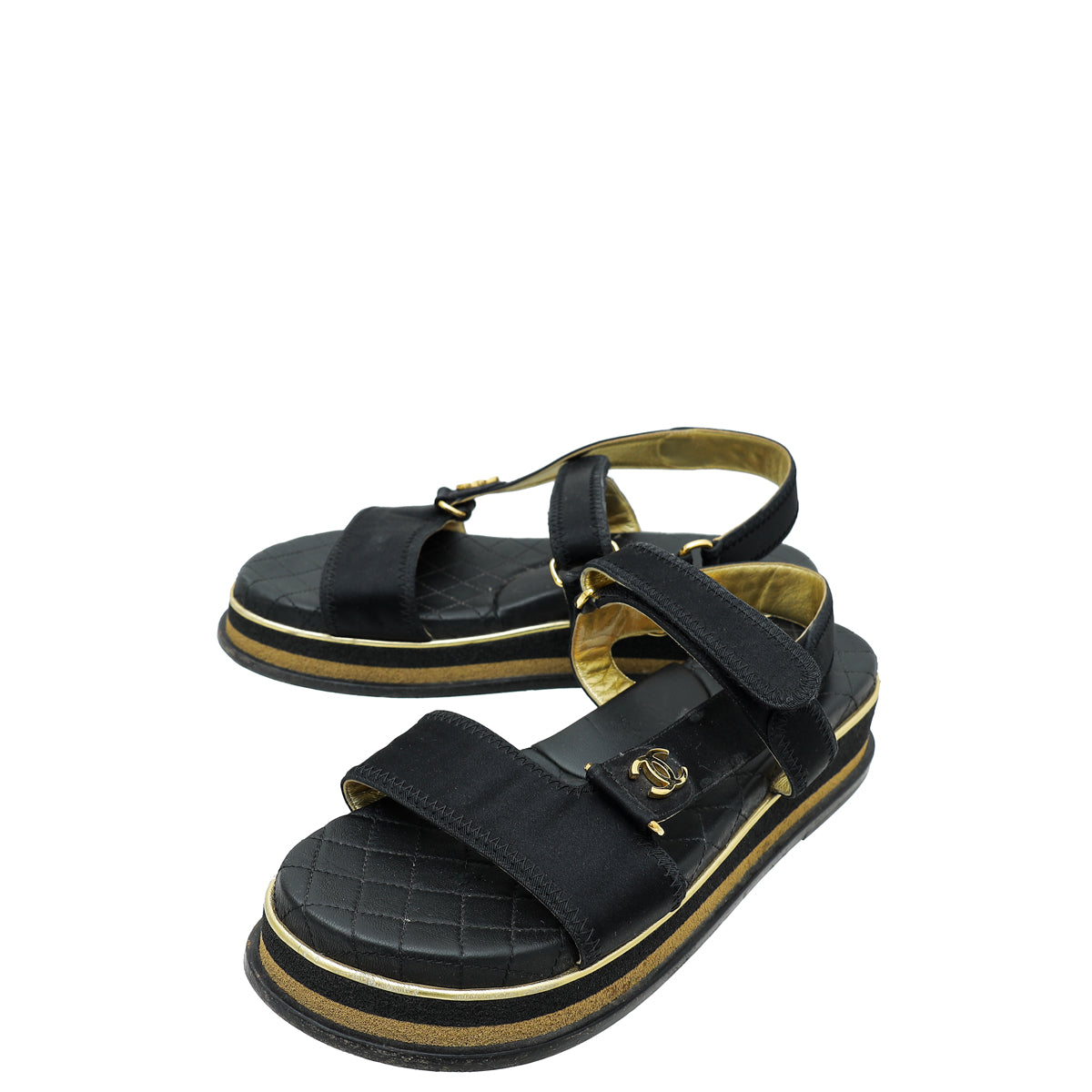 Chanel Black CC Velcro Strap Flat Sandals 38.5