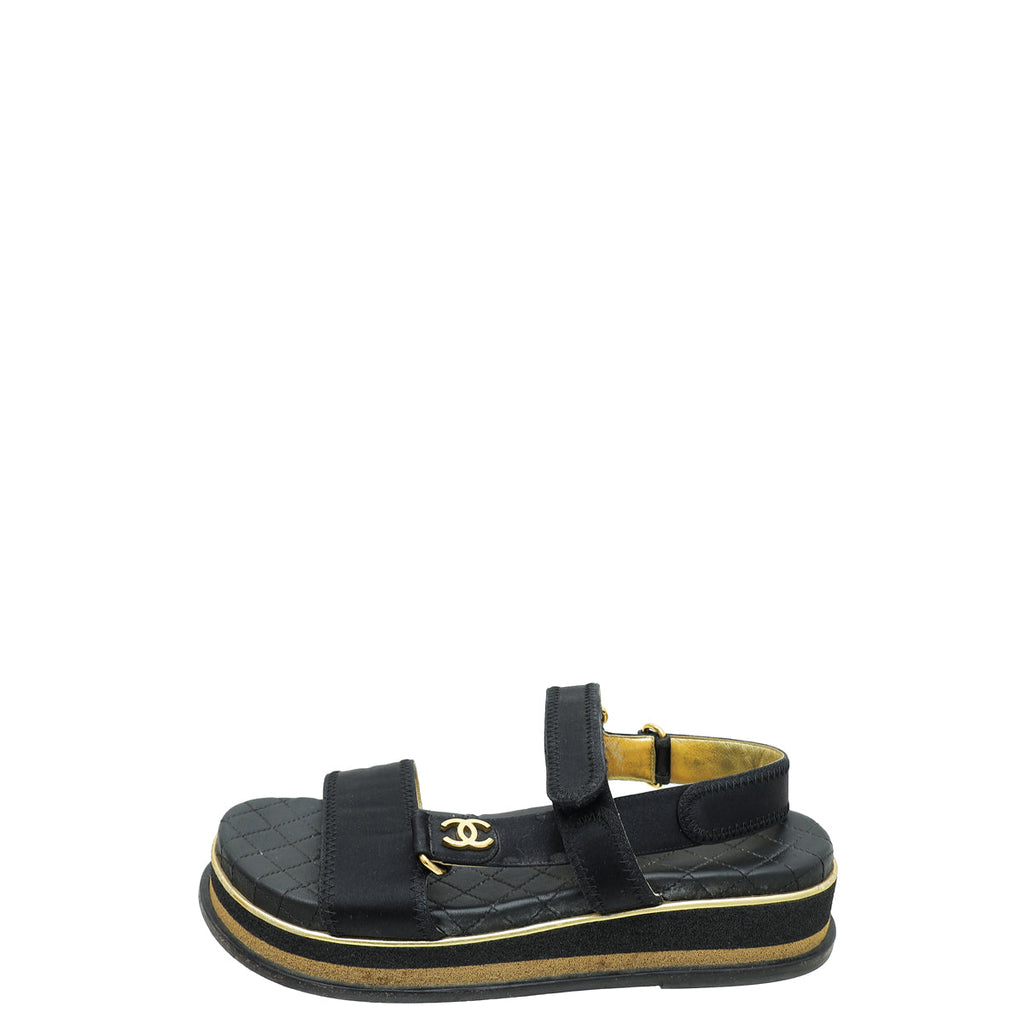 Chanel Black CC Velcro Strap Flat Sandals 38.5