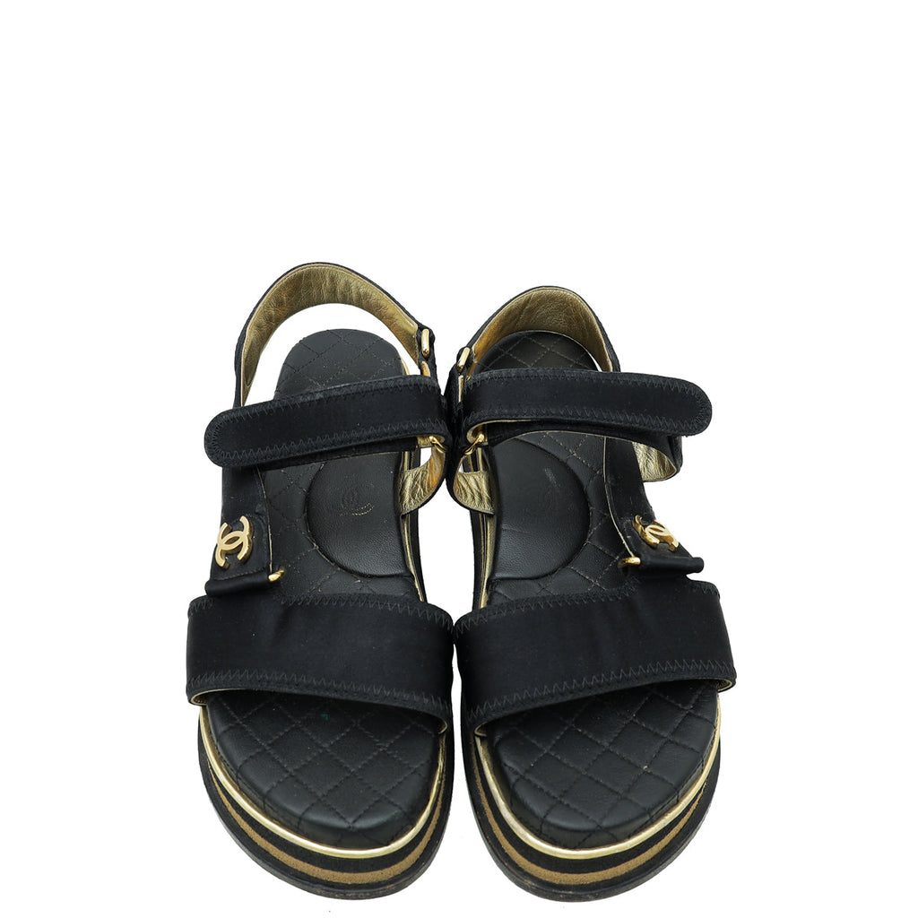Chanel Black CC Velcro Strap Flat Sandals 38.5