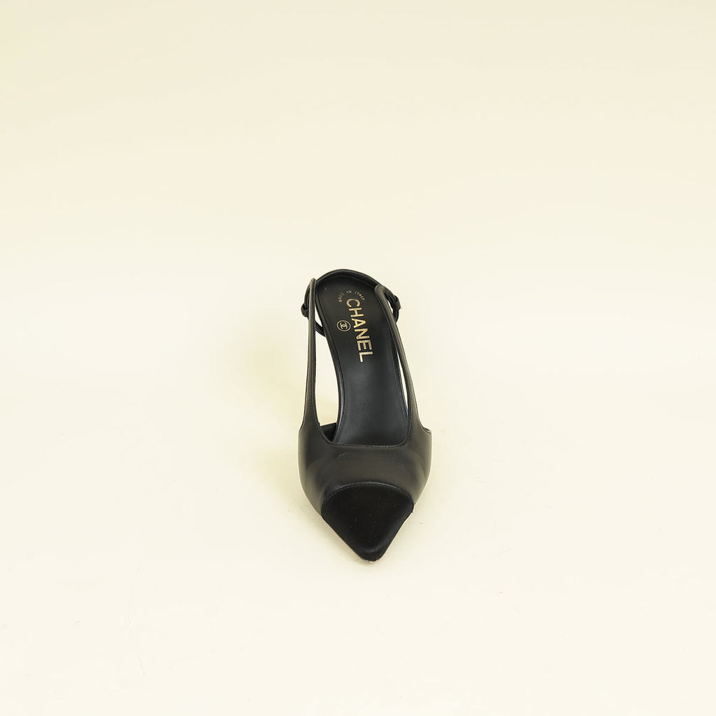 Chanel Black CC Cap Toe Pointed Slingback Pump 38.5