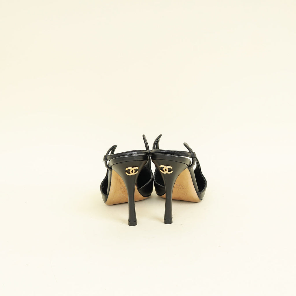 Chanel Black CC Cap Toe Pointed Slingback Pump 38.5
