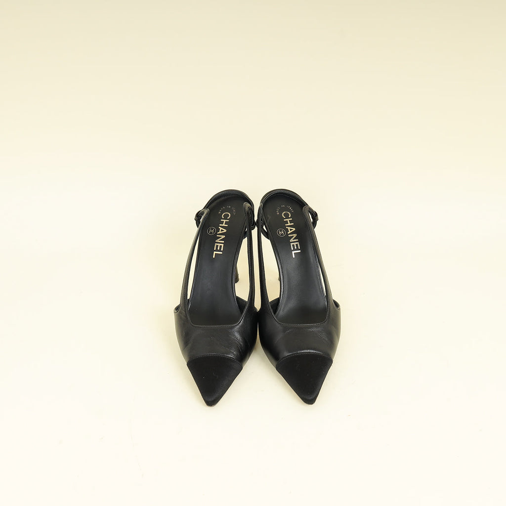 Chanel Black CC Cap Toe Pointed Slingback Pump 38.5