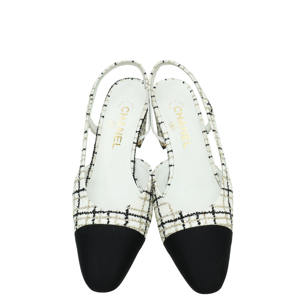 Chanel Bicolor CC Cap Toe Metallic Tweed Slingback 38.5