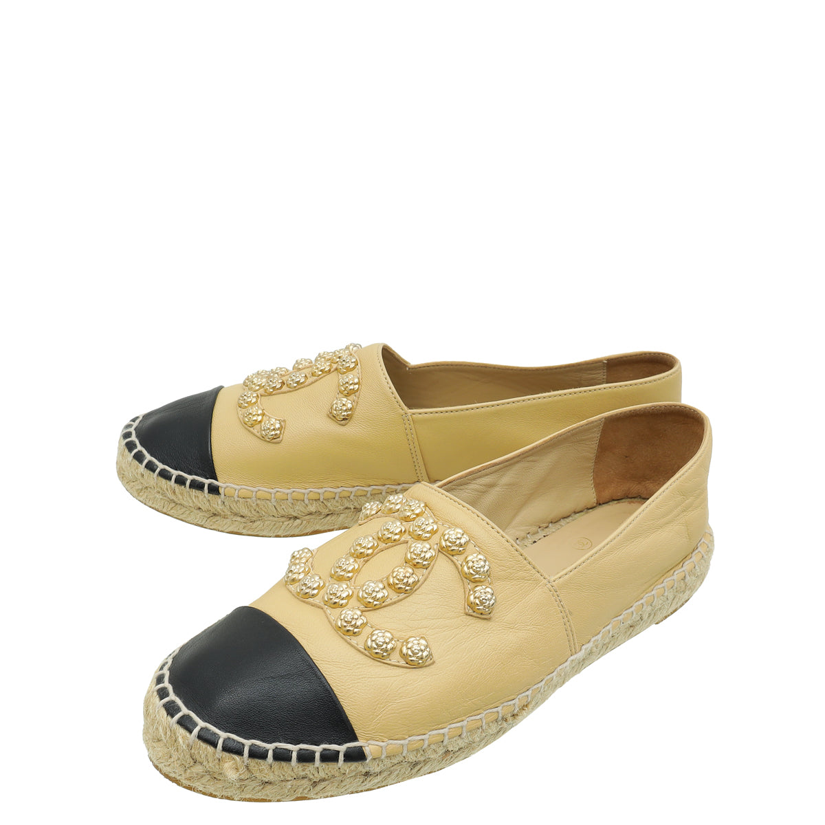 Chanel Bicolor CC Camellia Studded Cap Toe Espadrille 38