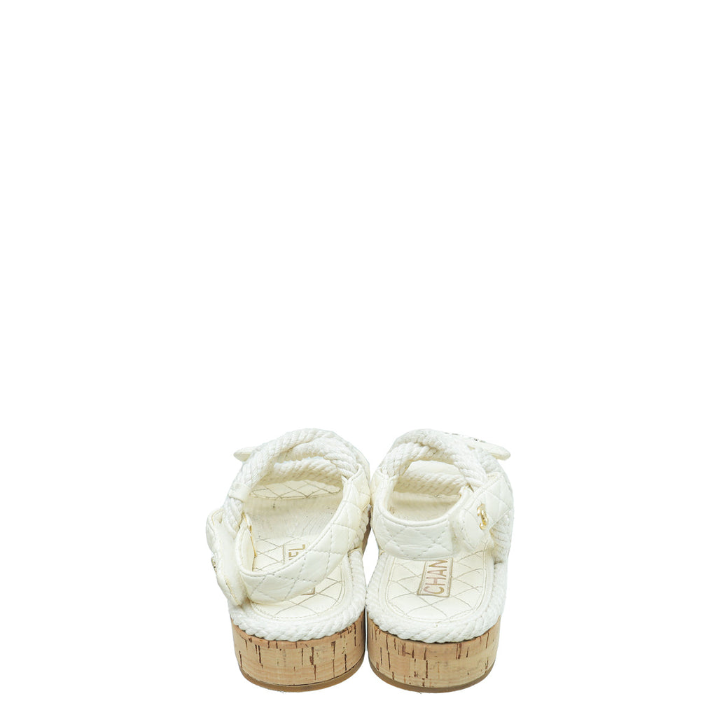 Chanel White Logo Cord Quilted Slide Sandal 38