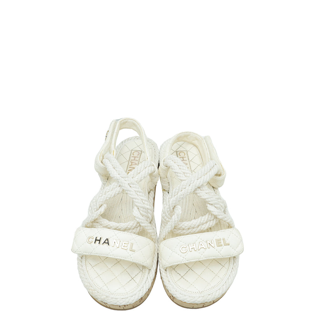 Chanel White Logo Cord Quilted Slide Sandal 38