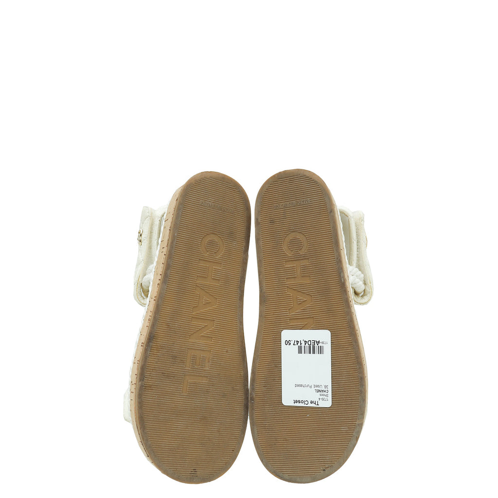 Chanel White Logo Cord Quilted Slide Sandal 38