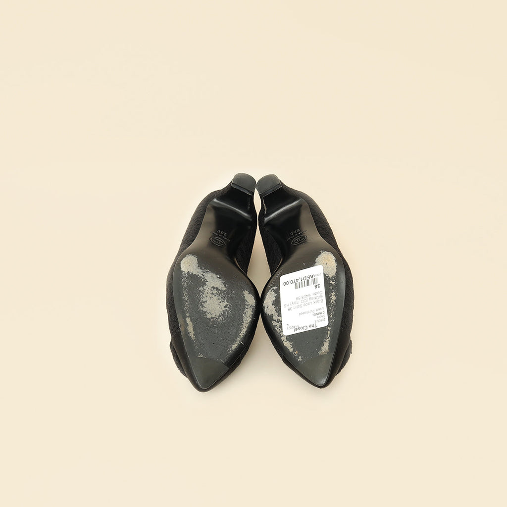 Chanel Black Lace Camellia 40mm Pumps 38