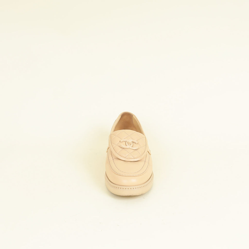 Chanel Beige CC Pocket Quilted Moccasin Loafer 38