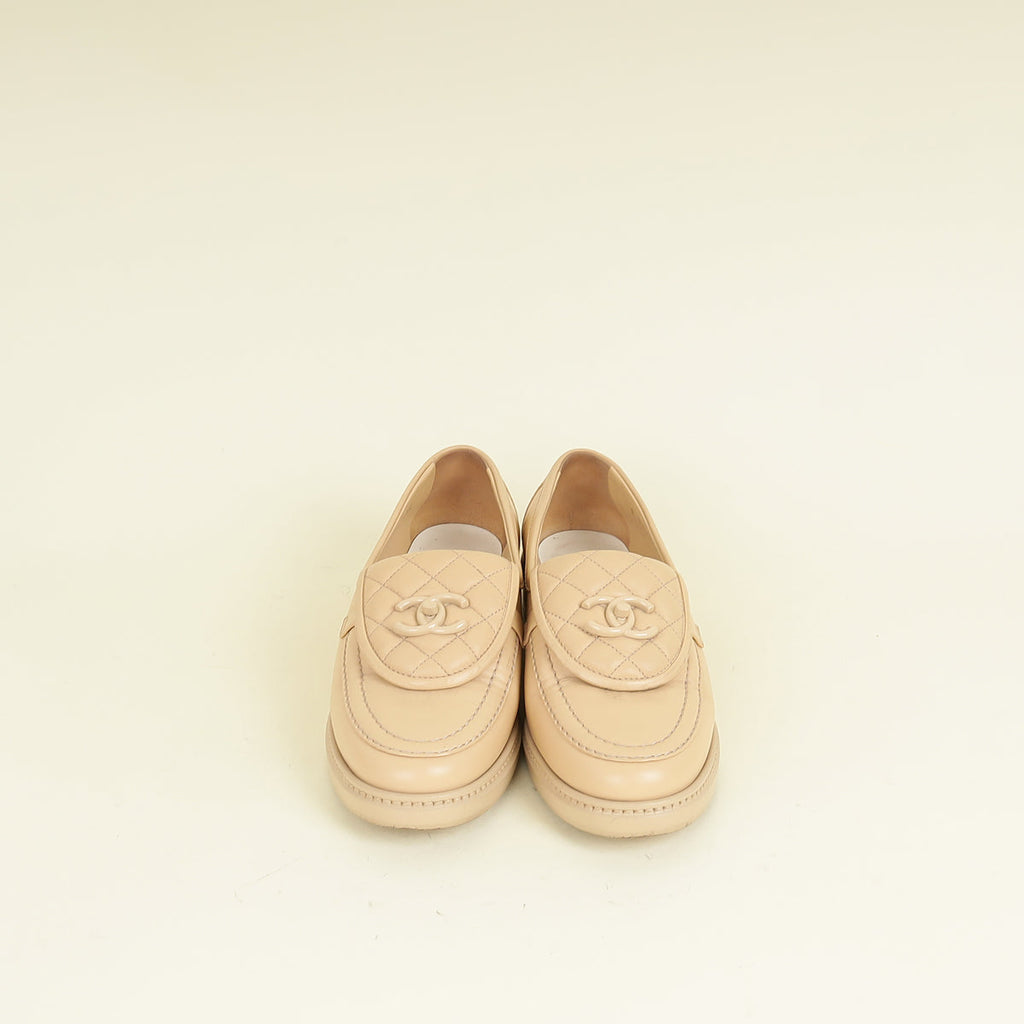 Chanel Beige CC Pocket Quilted Moccasin Loafer 38