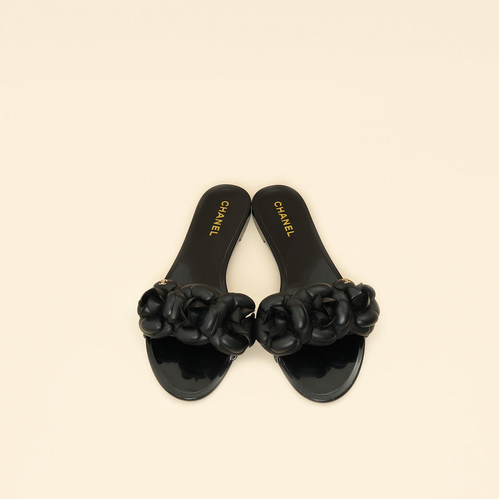 Chanel Black Camellia CC Slides 38