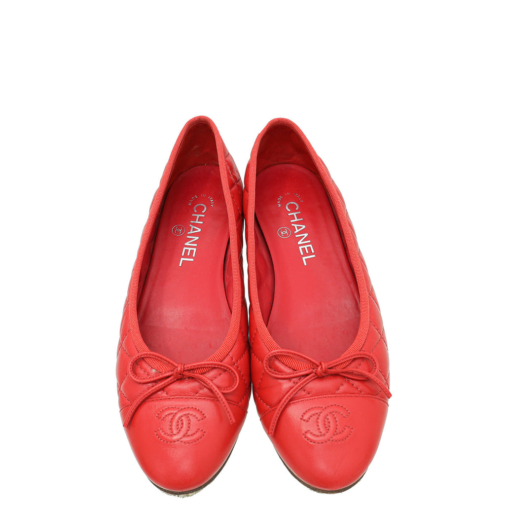 Chanel Red CC Cap Toe Quilted Flat Ballerina 38