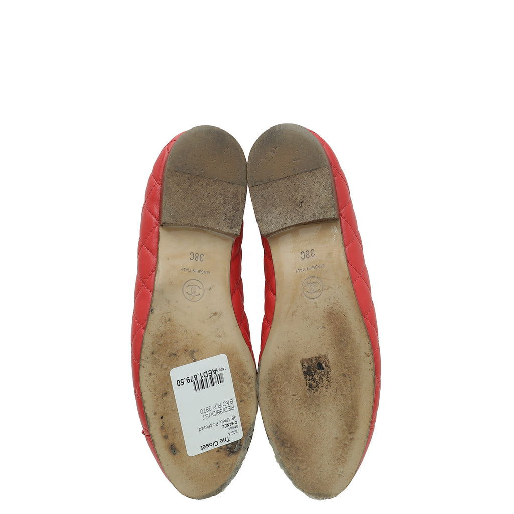 Chanel Red CC Cap Toe Quilted Flat Ballerina 38