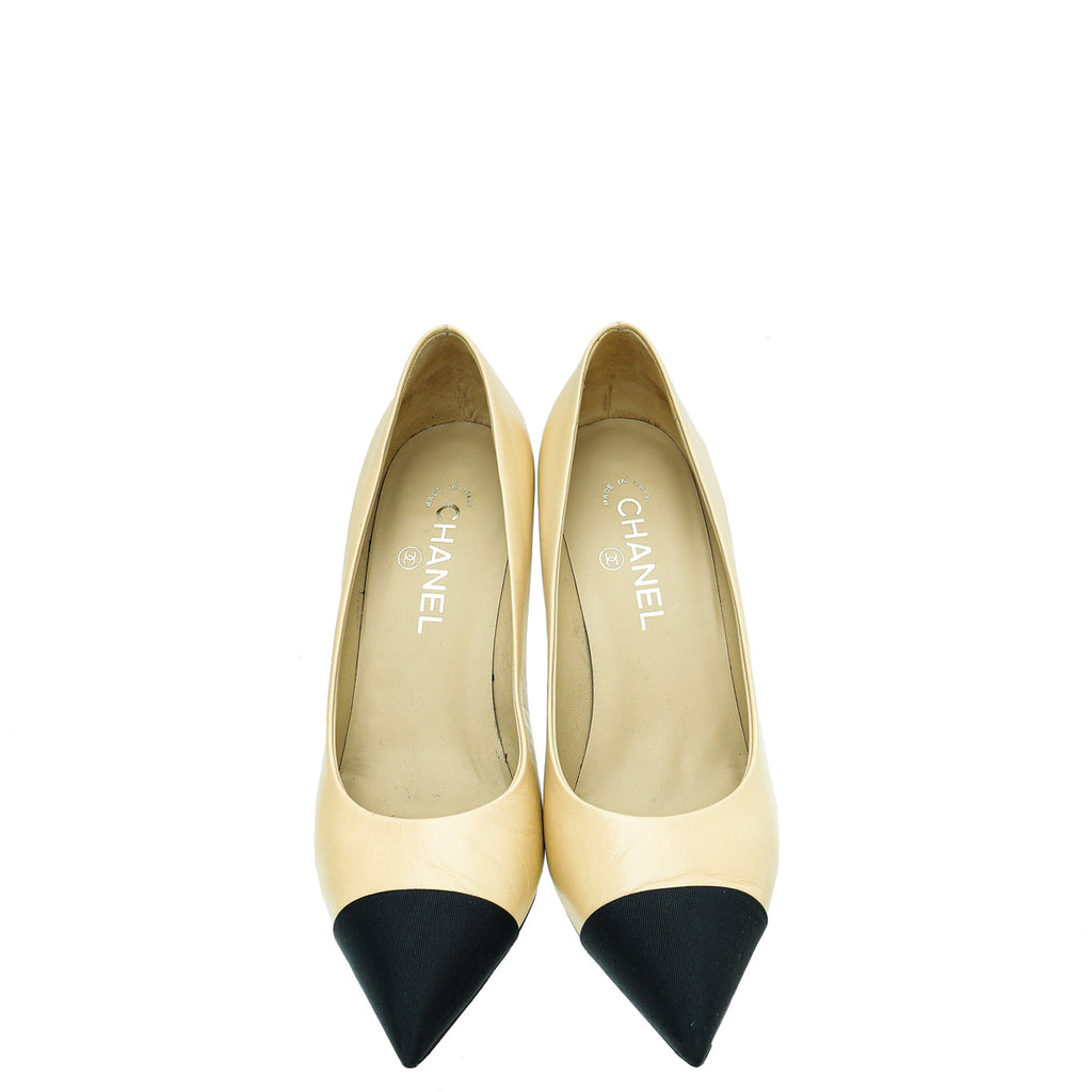 Chanel Bicolor CC Pearl Heel Pointed Pumps 39.5