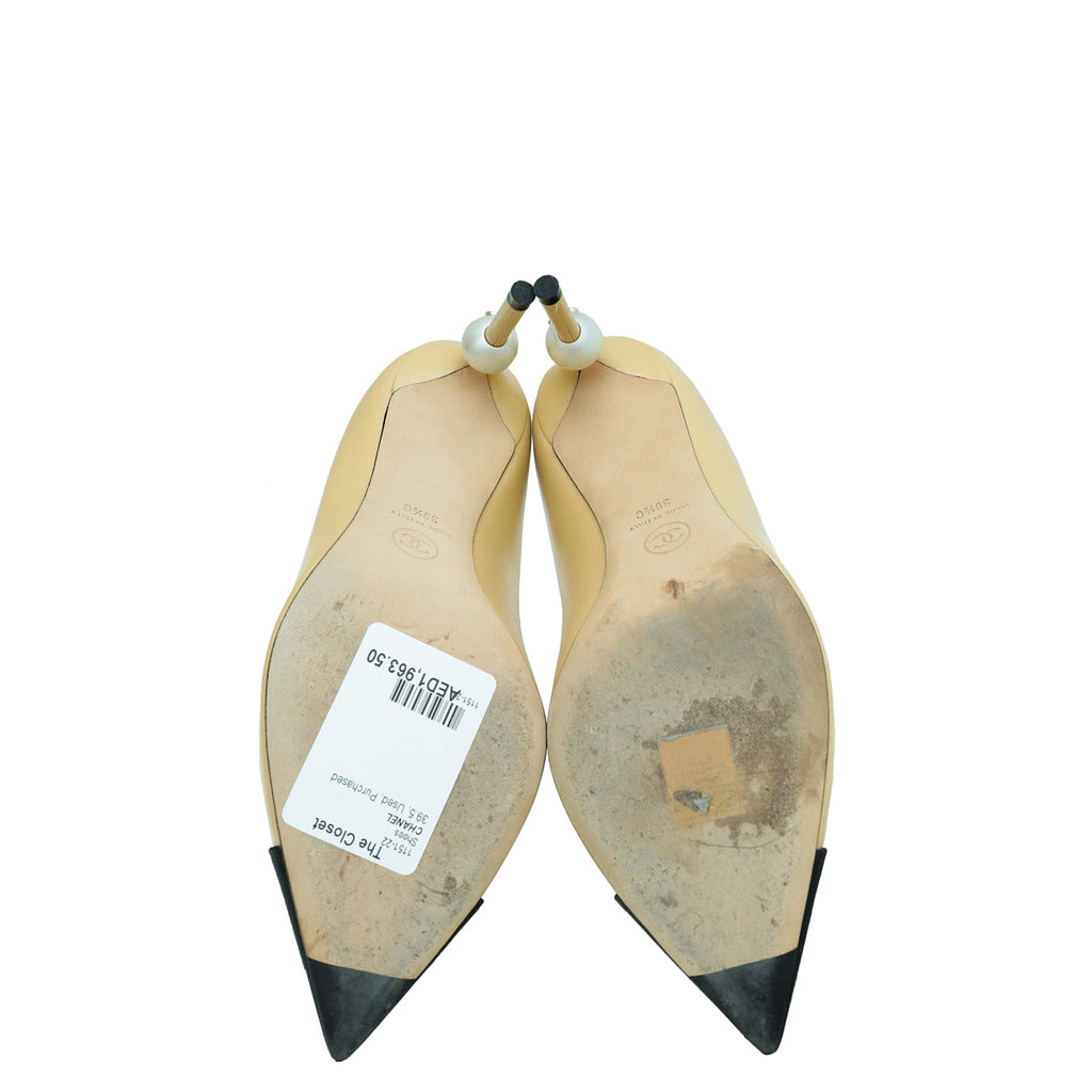 Chanel Bicolor CC Pearl Heel Pointed Pumps 39.5