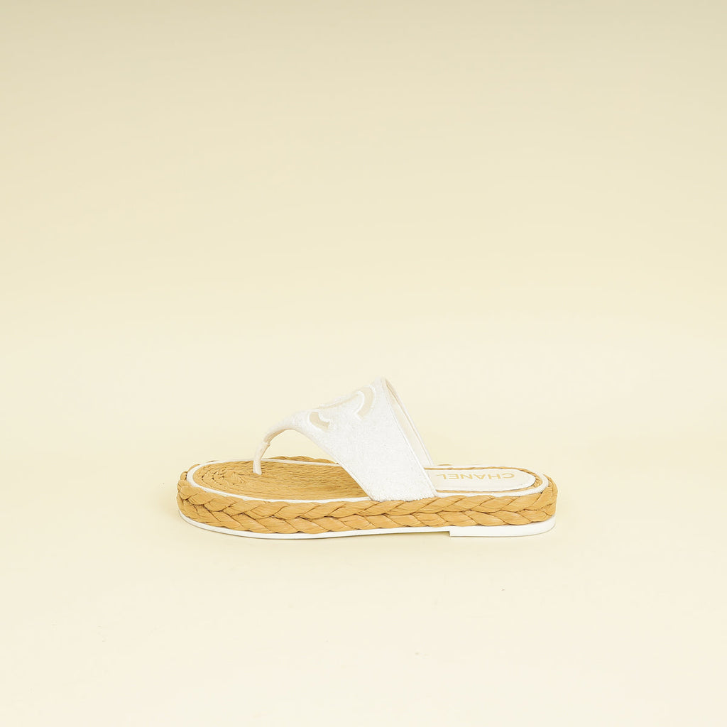 Chanel White CC Terry Cloth Raffia Thong Sandals 39.5