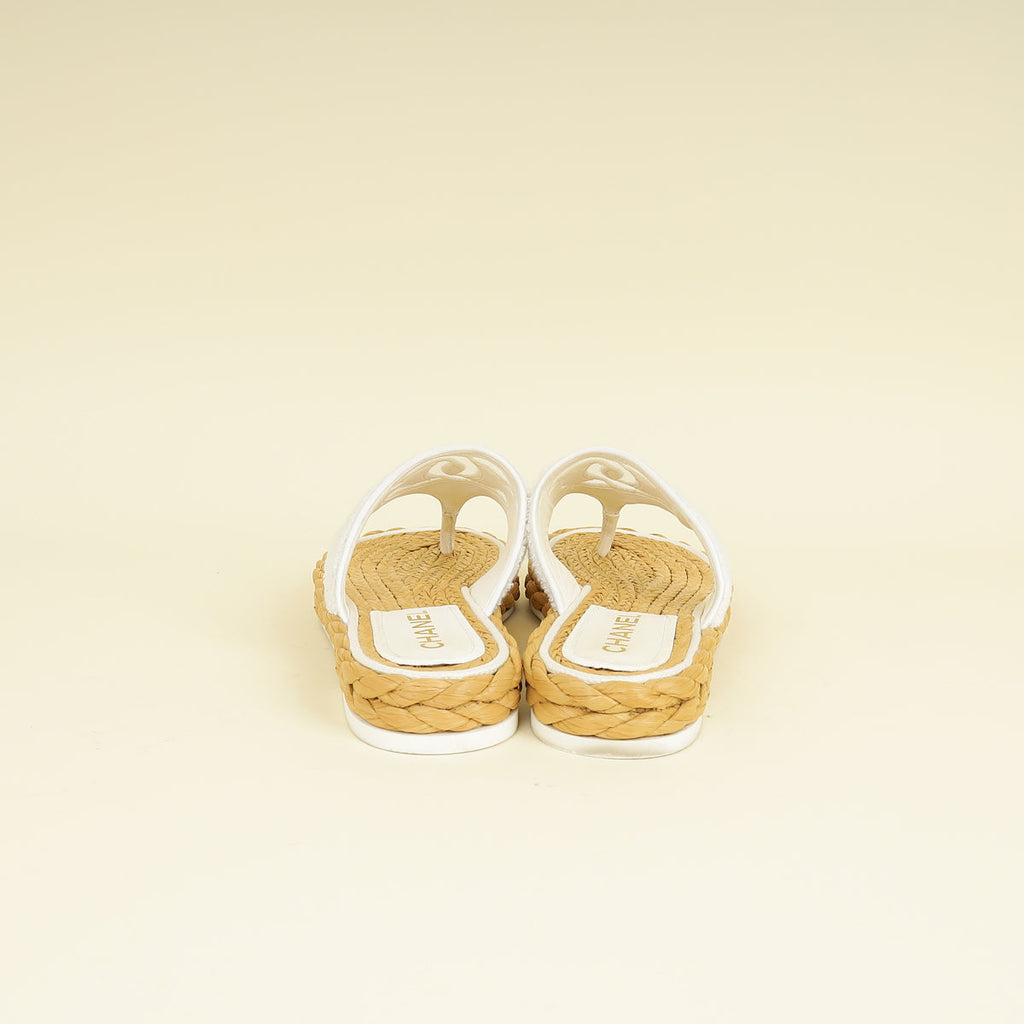 Chanel White CC Terry Cloth Raffia Thong Sandals 39.5