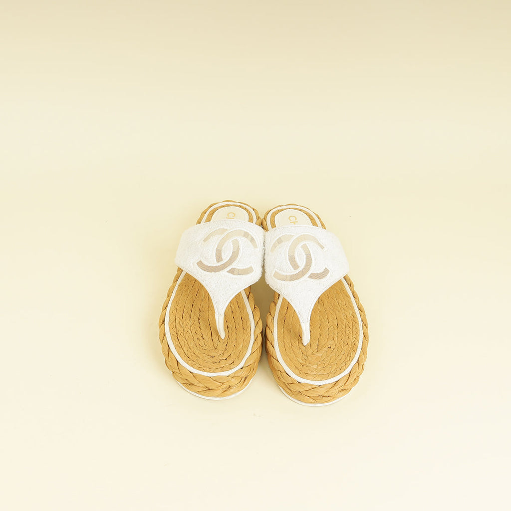 Chanel White CC Terry Cloth Raffia Thong Sandals 39.5