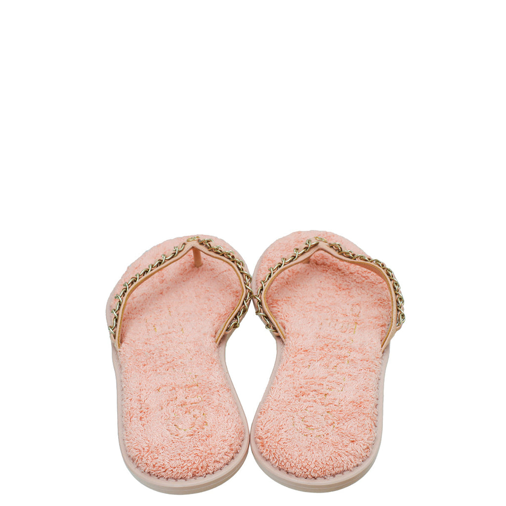 Chanel Light Pink Terry Cloth Chain CC Thong Slippers 39