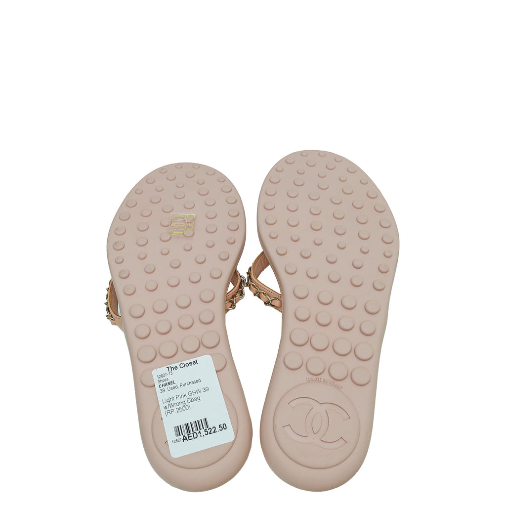Chanel Light Pink Terry Cloth Chain CC Thong Slippers 39