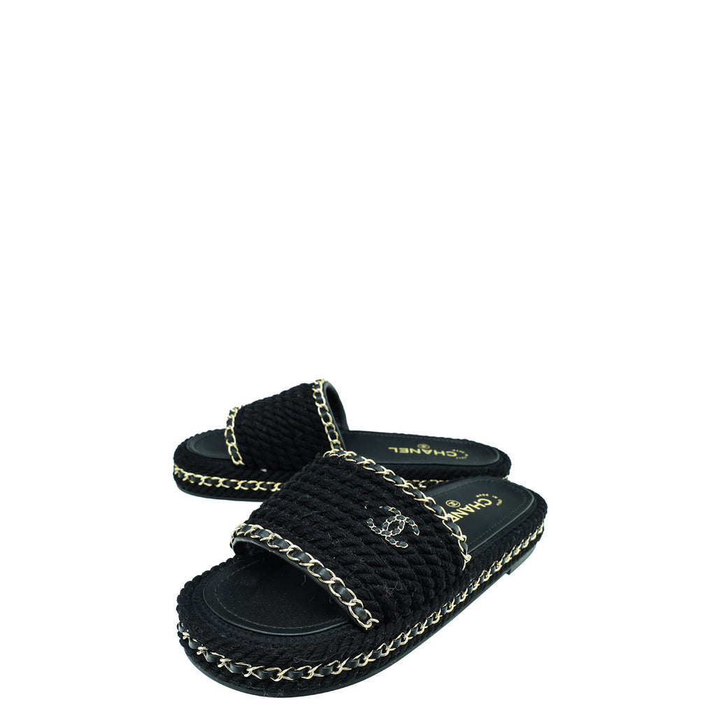 Chanel Black CC Rope Platform Sandals