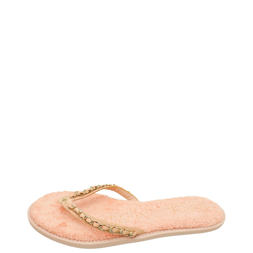 Chanel Light Pink CC Terry Cloth Chain Thong Slippers 39