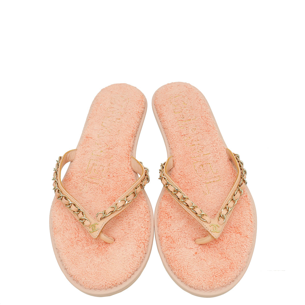 Chanel Light Pink CC Terry Cloth Chain Thong Slippers 39