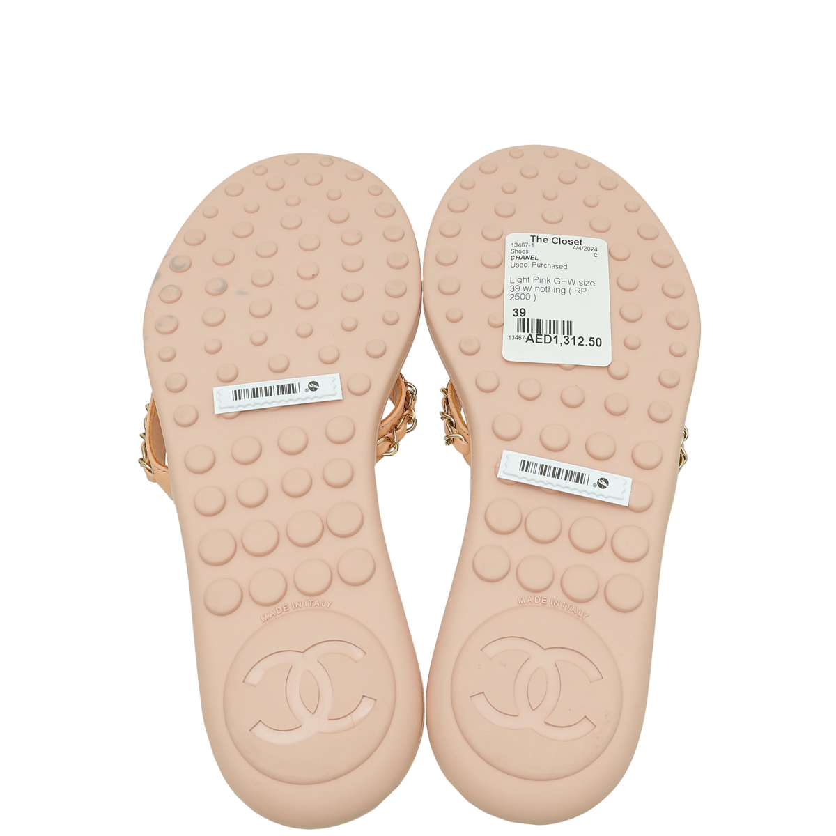 Chanel Light Pink CC Terry Cloth Chain Thong Slippers 39