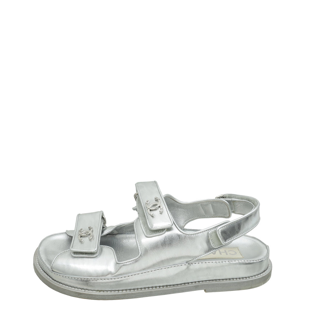 Chanel Metallic Silver CC Logo Dad Sandals 39