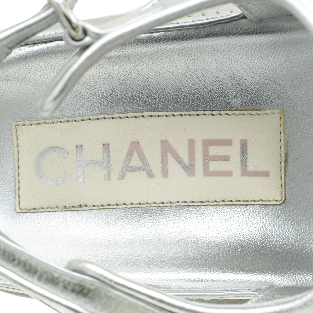 Chanel Metallic Silver CC Logo Dad Sandals 39