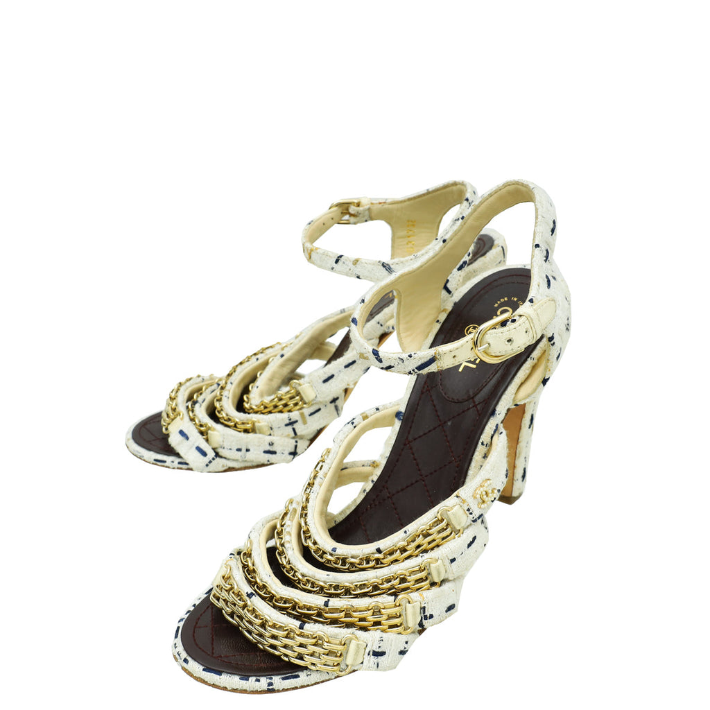 Chanel White CC Reissue Chain Tweed Sandal 39