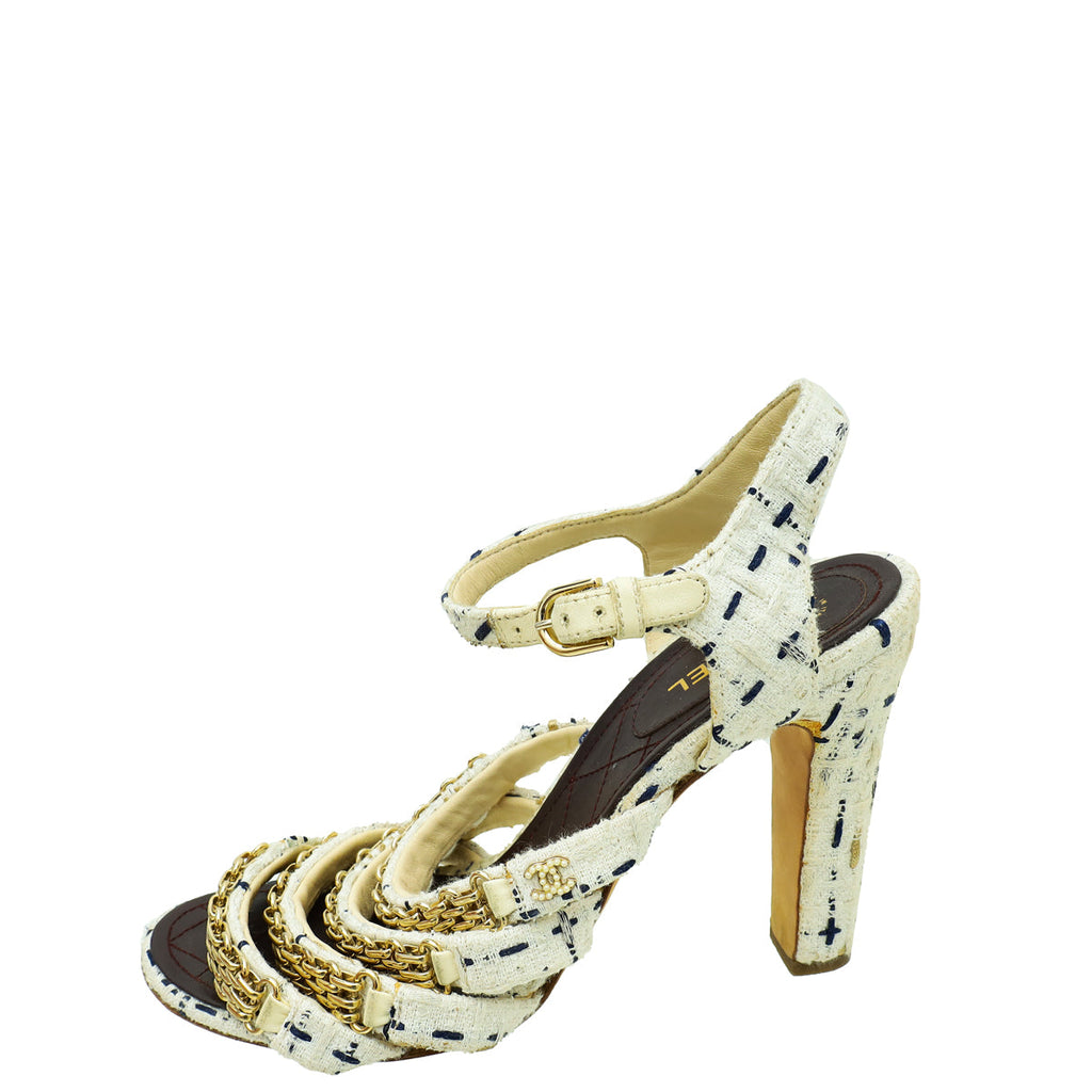 Chanel White CC Reissue Chain Tweed Sandal 39
