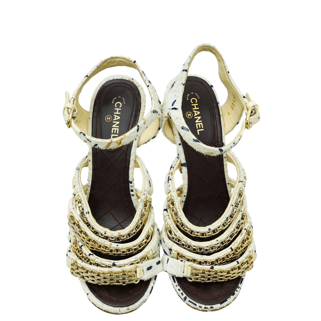 Chanel White CC Reissue Chain Tweed Sandal 39