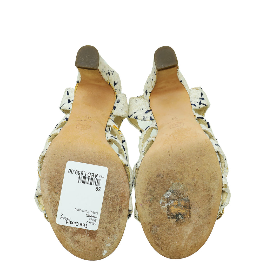 Chanel White CC Reissue Chain Tweed Sandal 39