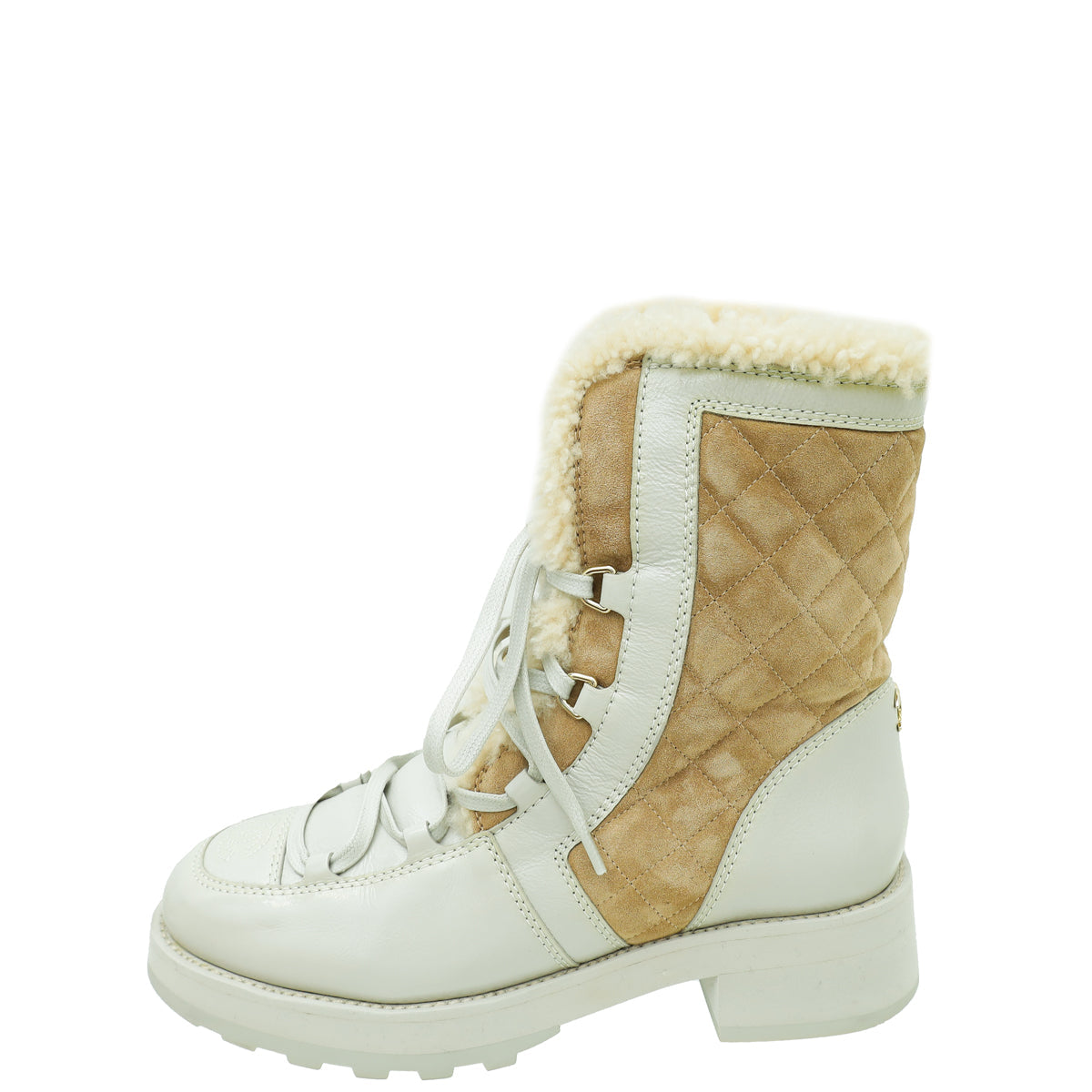 Chanel Bicolor CC Shearling Fur on Inside Lace Up Ankle Boot 39