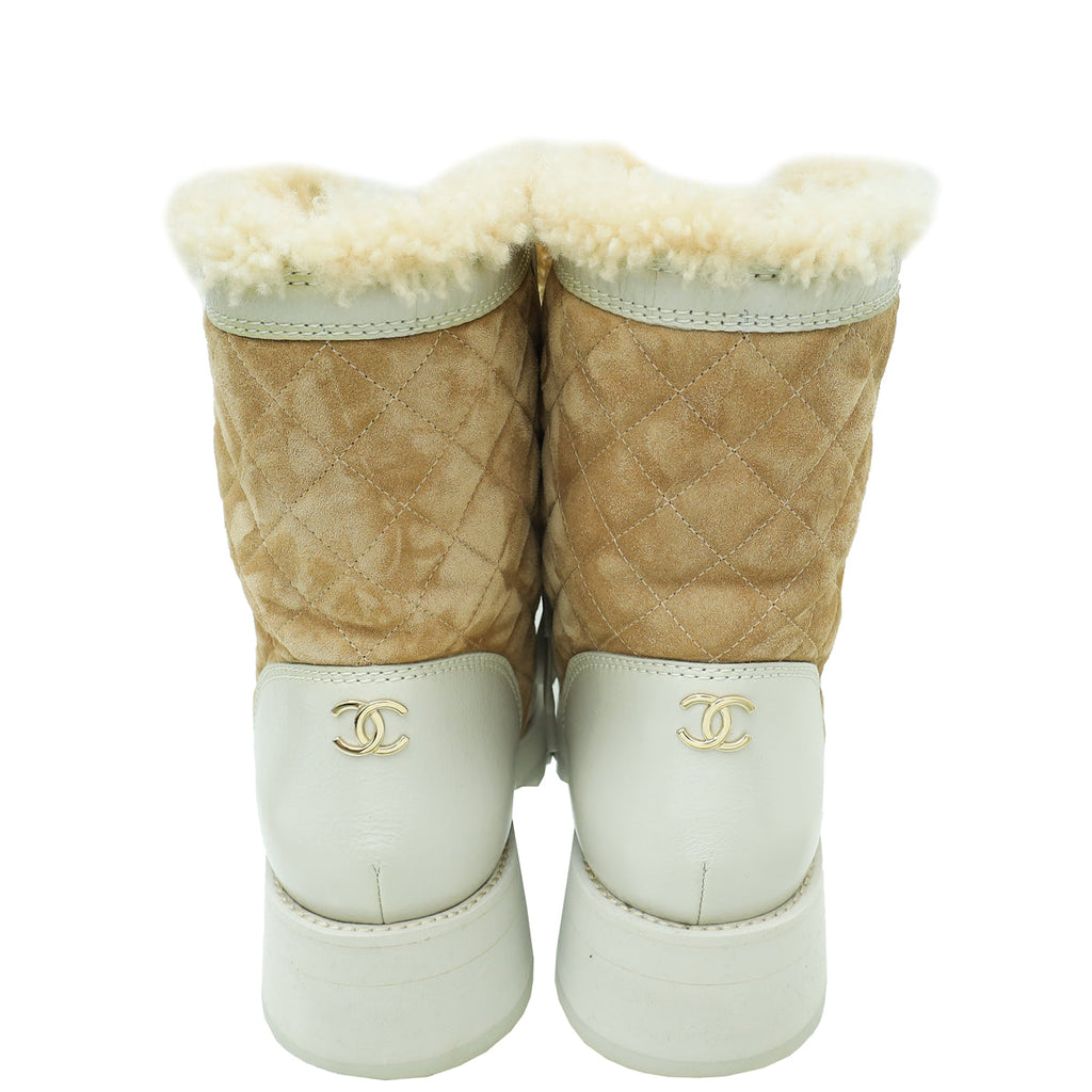 Chanel Bicolor CC Shearling Fur on Inside Lace Up Ankle Boot 39
