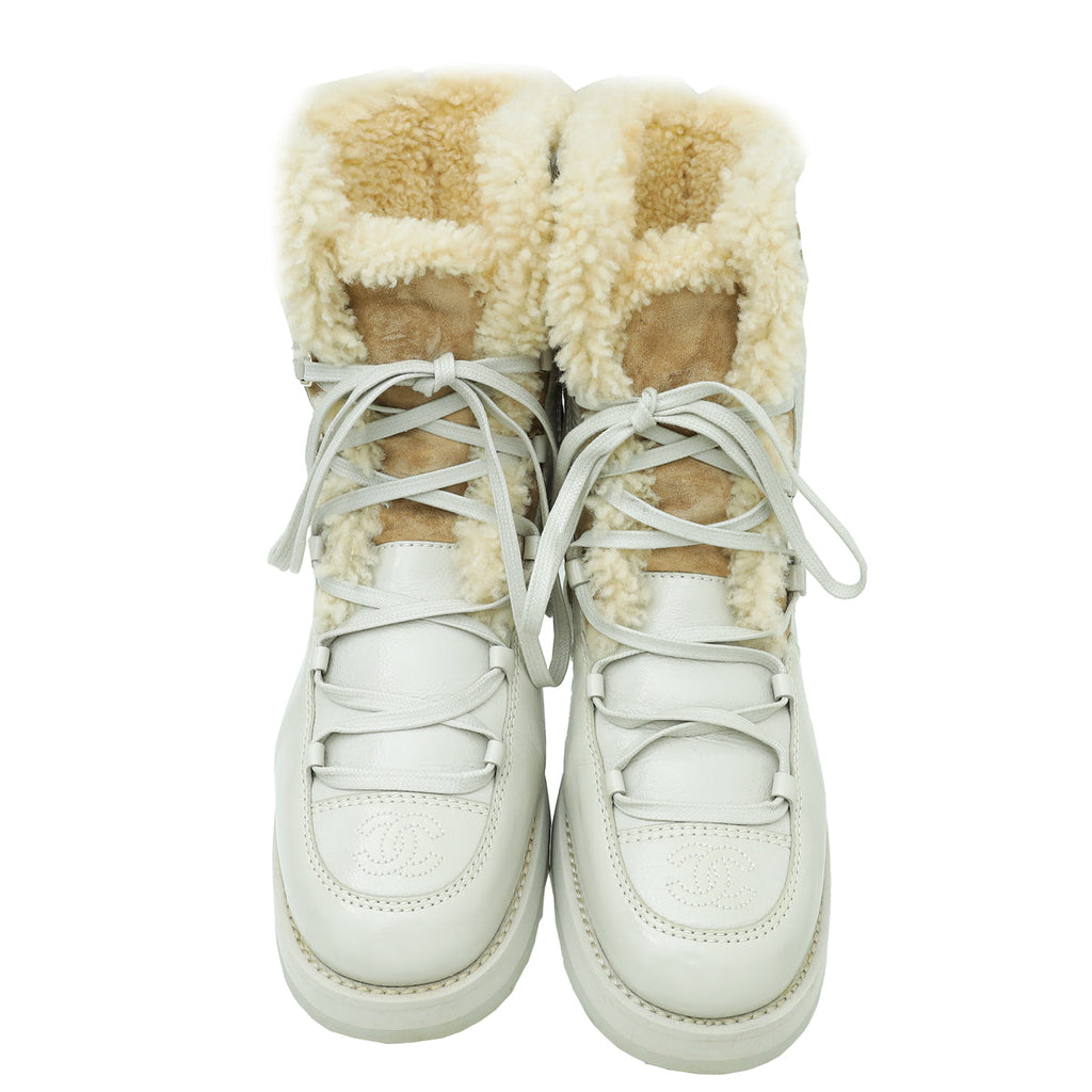 Chanel Bicolor CC Shearling Fur on Inside Lace Up Ankle Boot 39