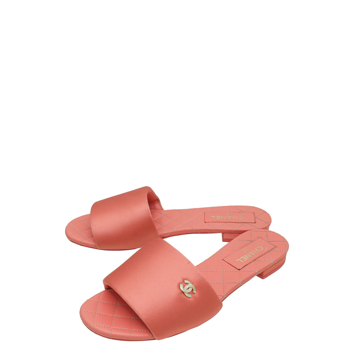 Chanel Flamingo CC Satin Padded Slide Mules 39