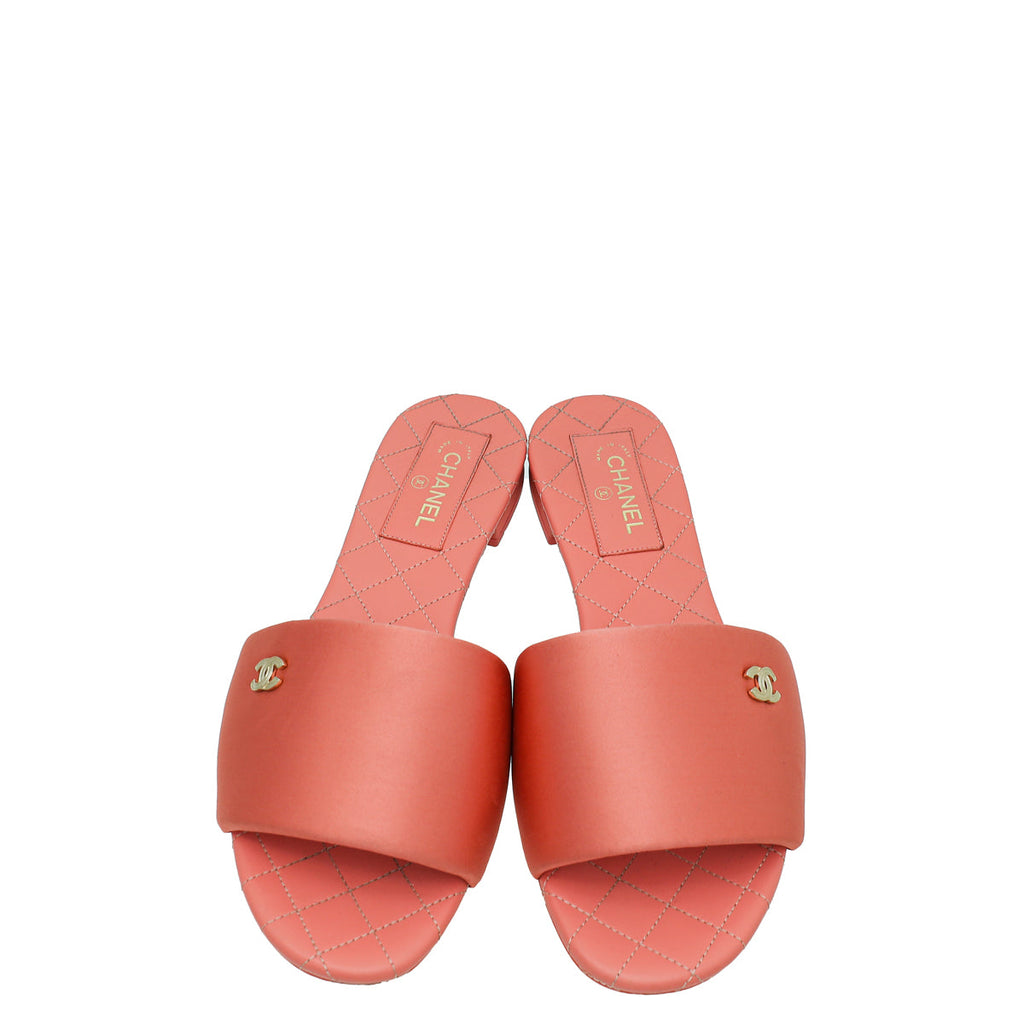 Chanel Flamingo CC Satin Padded Slide Mules 39
